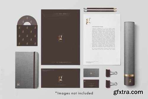 PSD branding identity mock up in brown tones with golden design