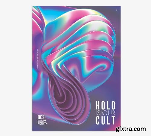 Creative Poster Layout with 3D Geometric Iridescent Holographic Shape 512439126