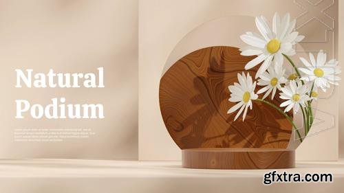 PSD daisy flower and light brown wall 3d image render empty scene wooden cylinder podium in landscape