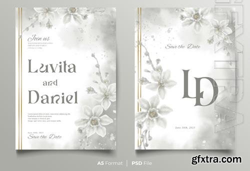 PSD watercolor wedding invitation template with white flower ornament