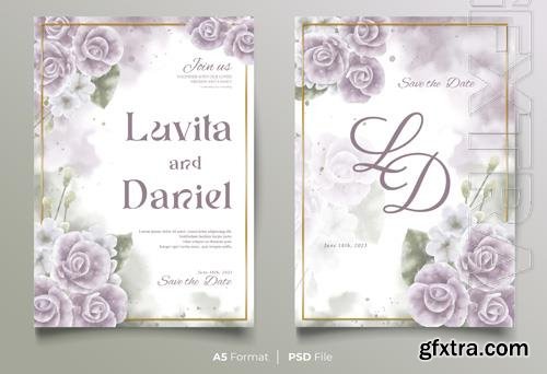 PSD watercolor wedding invitation template with violet flower ornament