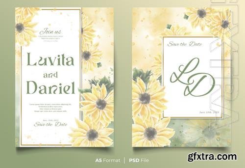 PSD watercolor wedding invitation template with yellow and green flower ornament