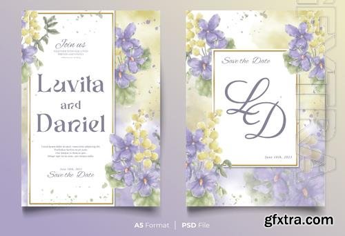 PSD watercolor wedding invitation template with blue and yellow flower ornament