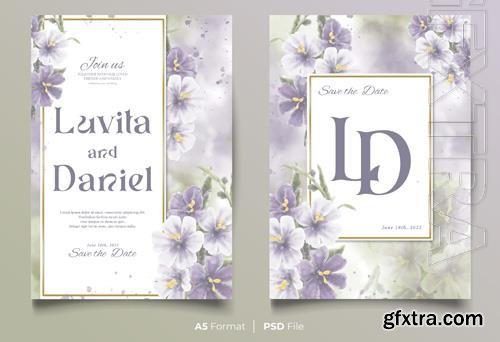 PSD watercolor wedding invitation template with blue and white flower ornament