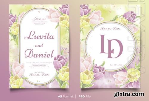 PSD watercolor wedding invitation template with purple and yellow flower ornament