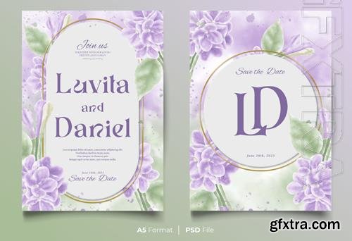 PSD watercolor wedding invitation template with purple and green flower ornament