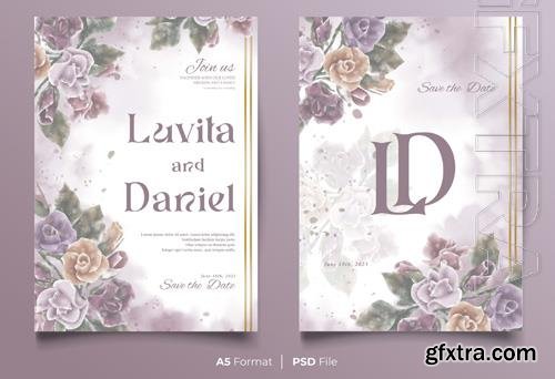 PSD watercolor wedding invitation template with colorful flower ornament