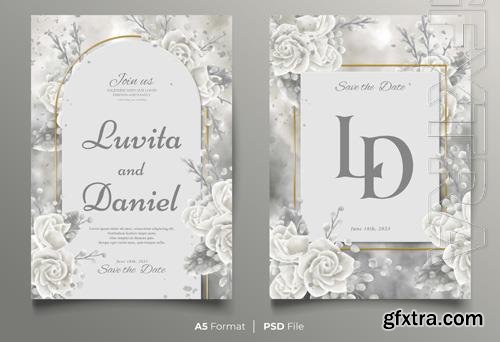 PSD watercolor wedding invitation template with white roses ornament