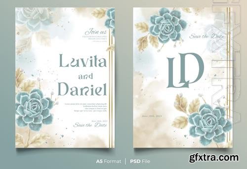 Watercolor psd wedding invitation template with blue and yellow flower ornament