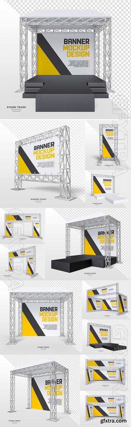 PSD outdoor advertising banner set with realistic metal truss system with transparent background