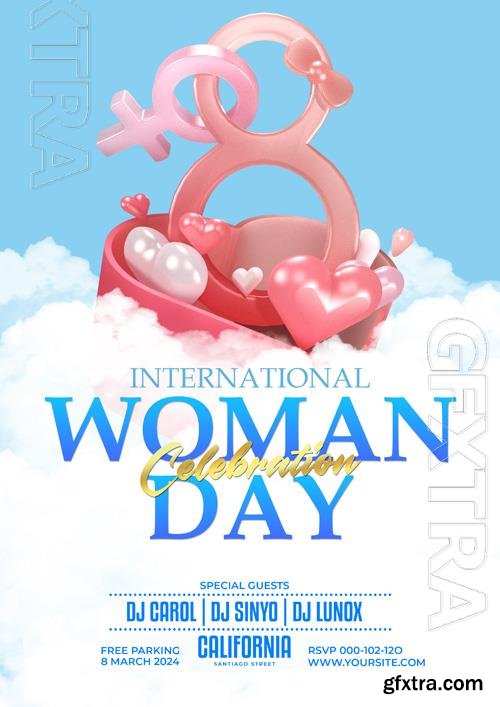 PSD international women's day celebration flyer with 3d hearts