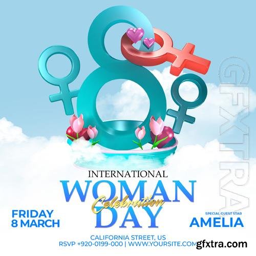 PSD happy women day celebration flyer with flowers and hearts 