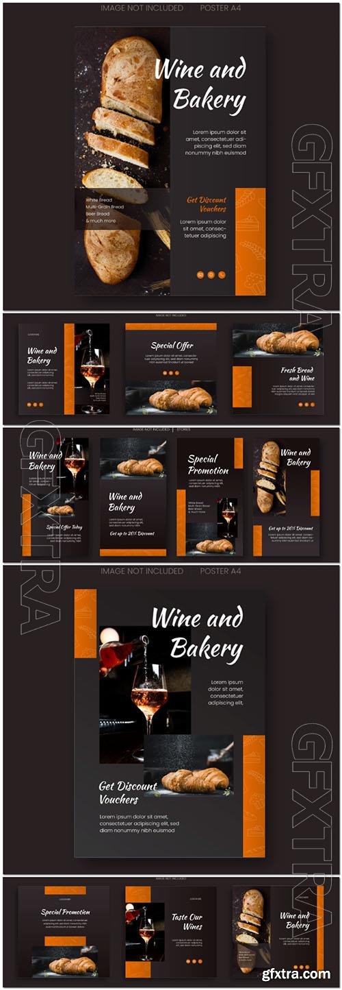 Bakery and wine social media psd design template stories