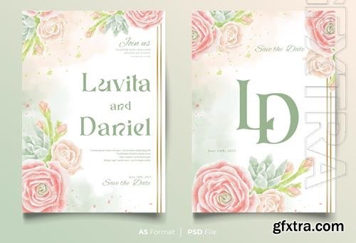 Wedding invitation watercolor psd card with delicate flowers and ornament