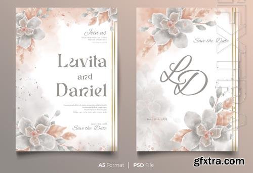 Wedding invitation watercolor psd card with beautiful flowers and ornaments