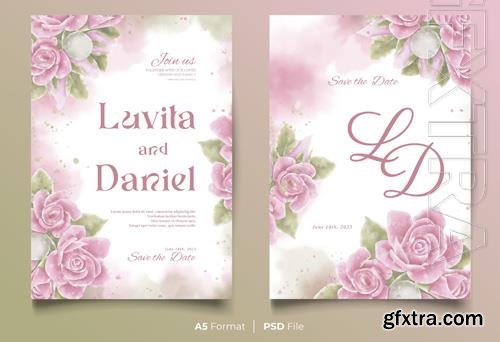 Wedding invitation watercolor psd card with pink roses