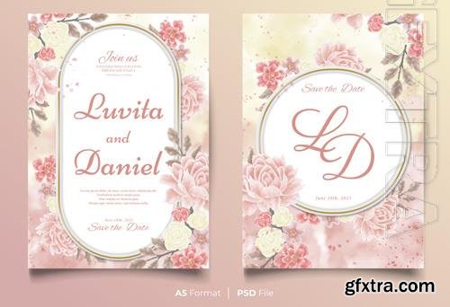 Wedding invitation watercolor psd card with pink roses and spring flowers