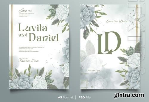 Wedding invitation watercolor psd card with white and gray roses