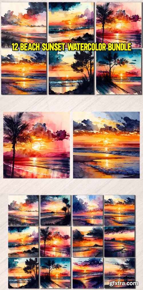 12 Beach Sunset Watercolor Bundle