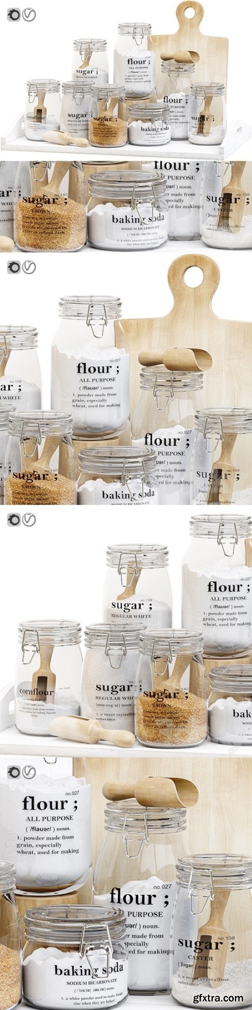 Set of glass jars for the kitchen with sugar and flour | Vray+Corona