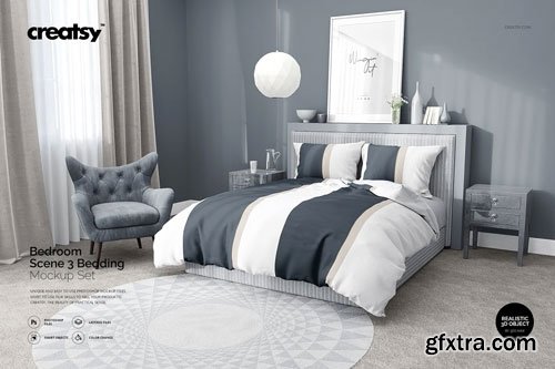 CreativeMarket - Bedroom Scene 3 Bedding Mockup Set - 4221804