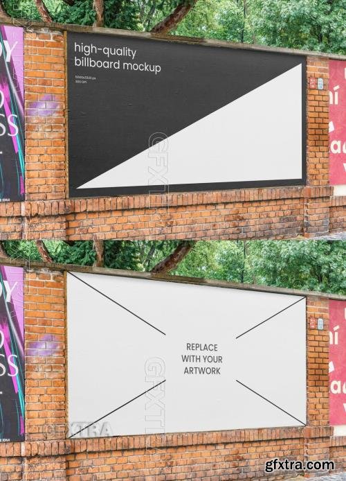 Wide Street Glued Outdoor Poster Mockup on Brick Wall 545788565