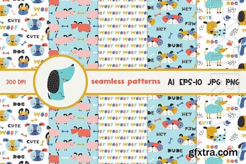 Childish Seamless Pattern with Funny Dogs Design Set