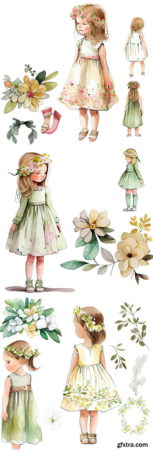 Watercolor Spring Cute Girl Clipart Bundle