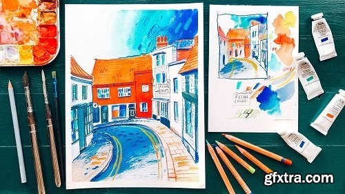 Urban Sketching: How to Draw a Street with Gouache and Colored Pencils