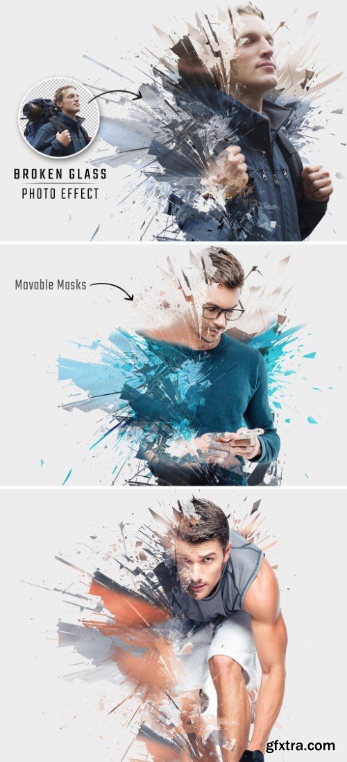 Shattered glass explosion dispersion photo effect mockup