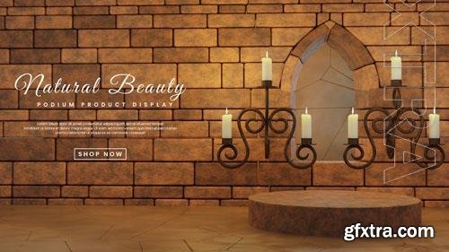 PSD brick wall castle podium with candle for product presentation