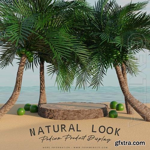 PSD palm coconut trunk podium in beach for product presentation