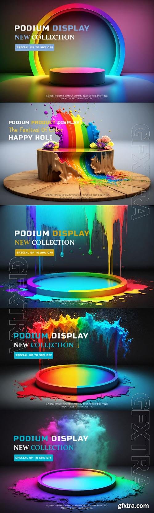 Colorful holi psd podium stage display mockup neon scene 