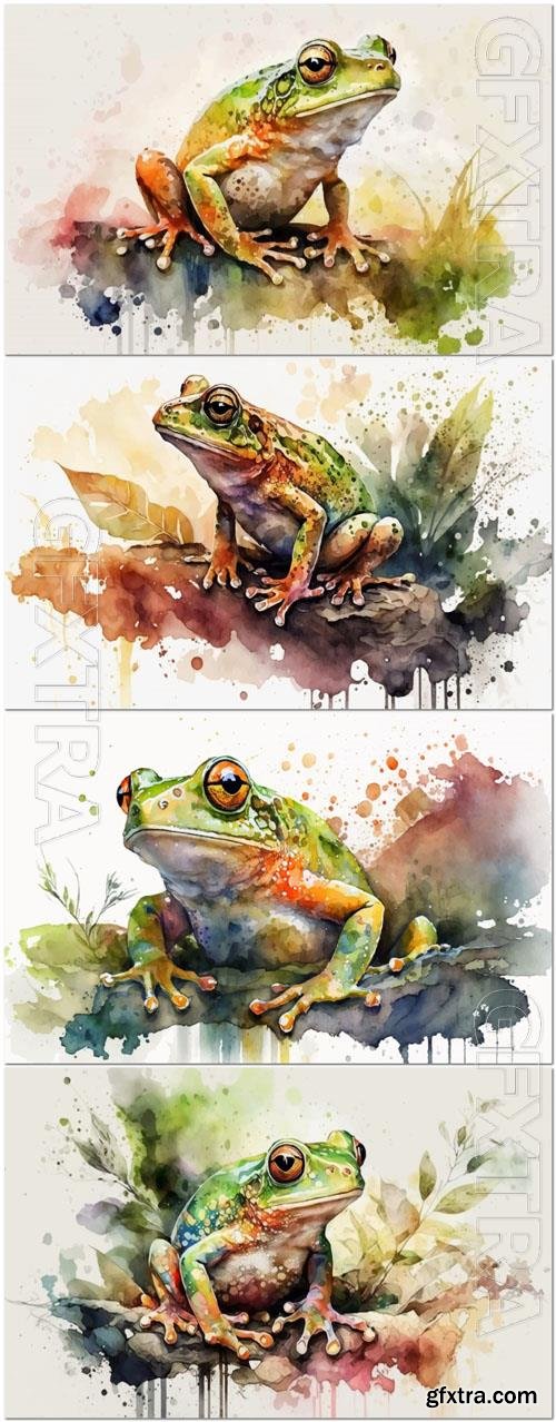 Watercolor vector illustrations of frogs in their natural habitat 