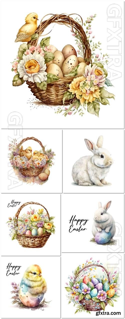 Vector happy easter, easter eggs in a basket of flowers chick greeting card poster 