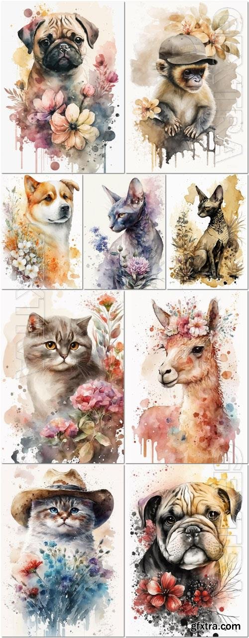 Vector charming animals watercolor portrait vector design 