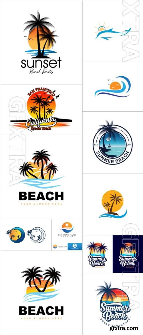 Summer logos vector with beach sunset view design 