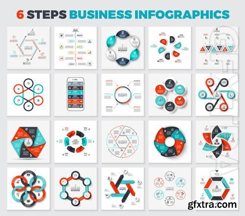 Collection of vector arrows, hexagons, circles and other elements for infographic with 6 steps