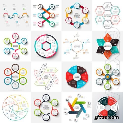 Vector arrows hexagons circles and cycle elements infographic templates with 6 options