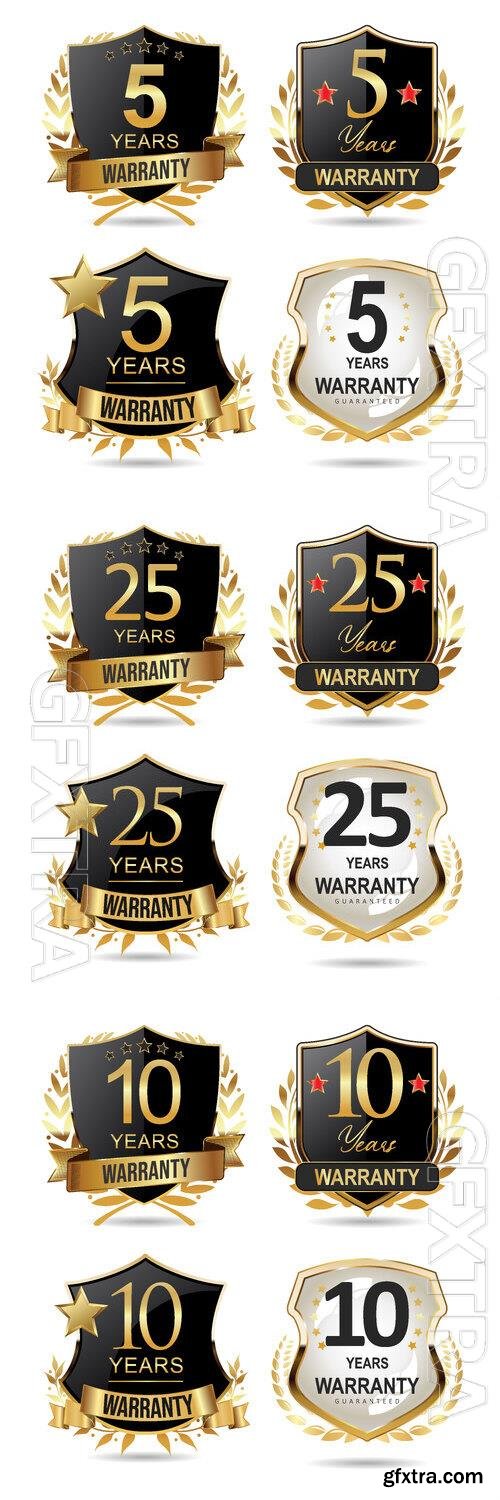 Warranty guaranteed gold and black labels vector collection 