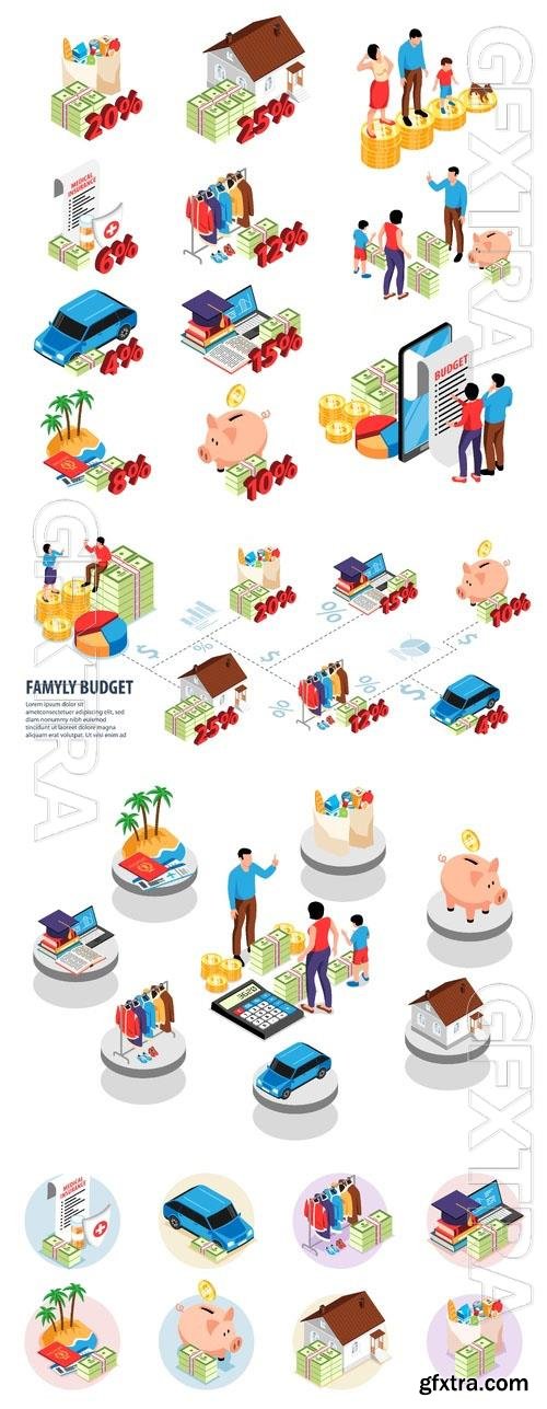 Vector isometric family budget icons set with financial symbols