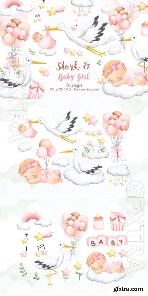 Stork and Baby Girl Clipart