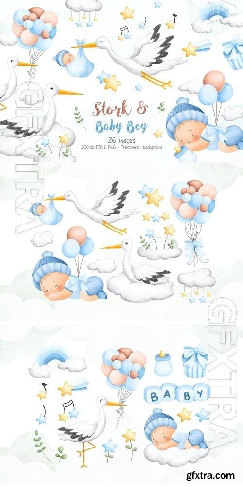 Stork and Baby Boy Clipart