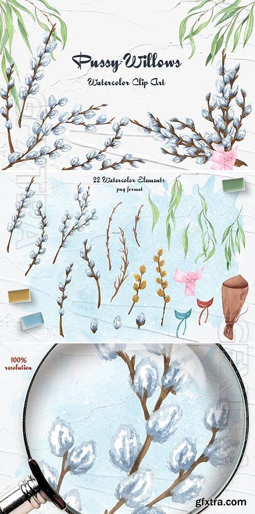 Pussy willow Watercolor clipart design 