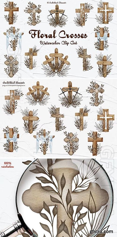 Floral Crosses Watercolor Clipart Design Set 