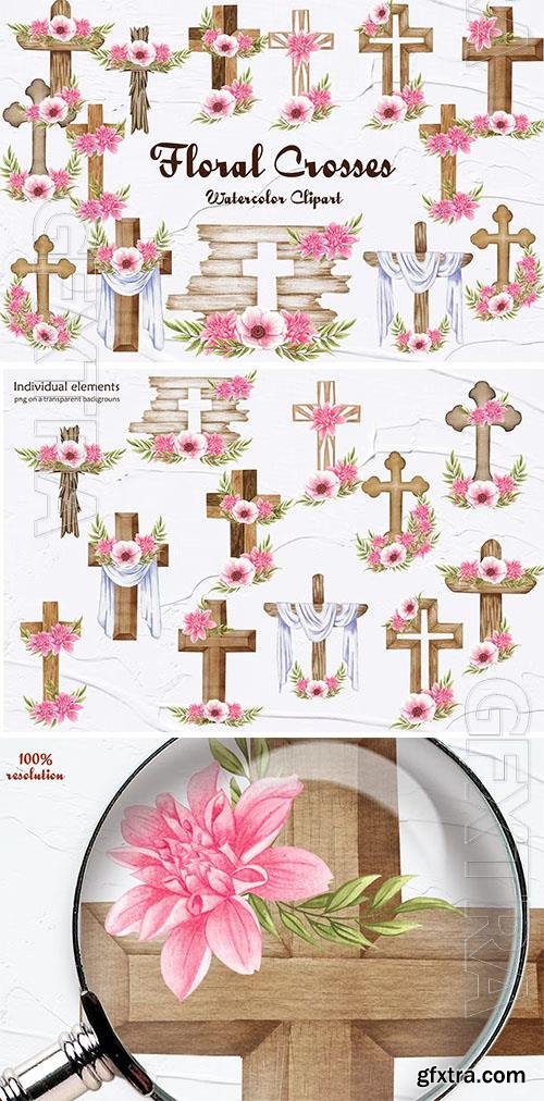 Watercolor png clipart - Floral Crosses