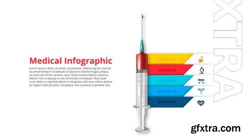 PSD syringe with a drop of blood medical and healthcare template for infographic with 5 steps