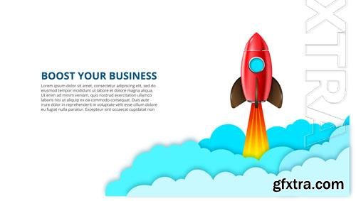 PSD startup infographic with red rocket and clouds boost your business illustration