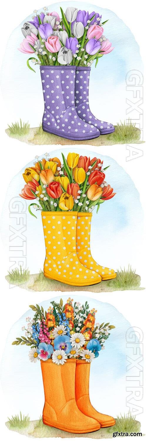 Rubber boots with floral bouquet - Watercolor vector illustration