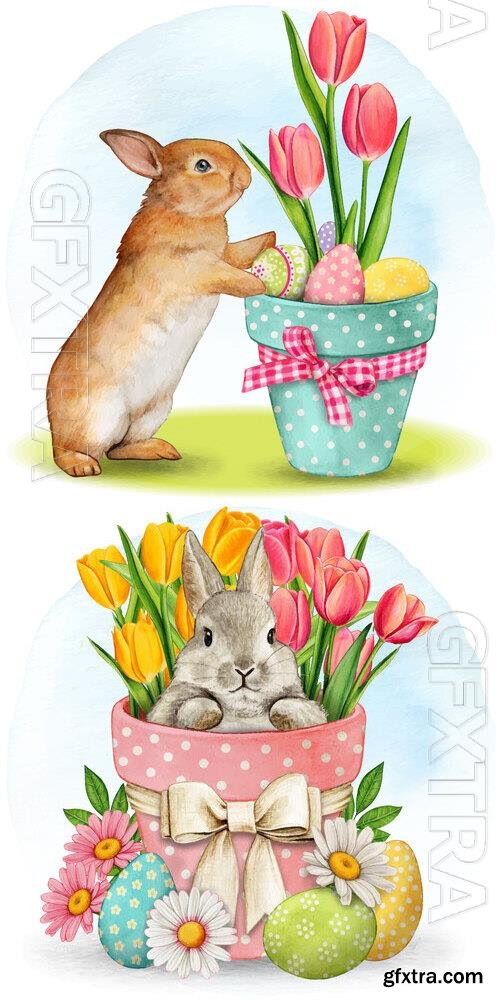 Pot with cute bunny easter eggs and tulips - Watercolor vector illustration